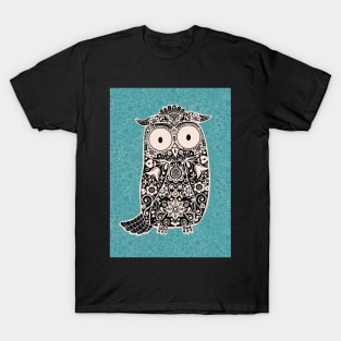 Black and White Folk Art Owl on Teal floral background T-Shirt